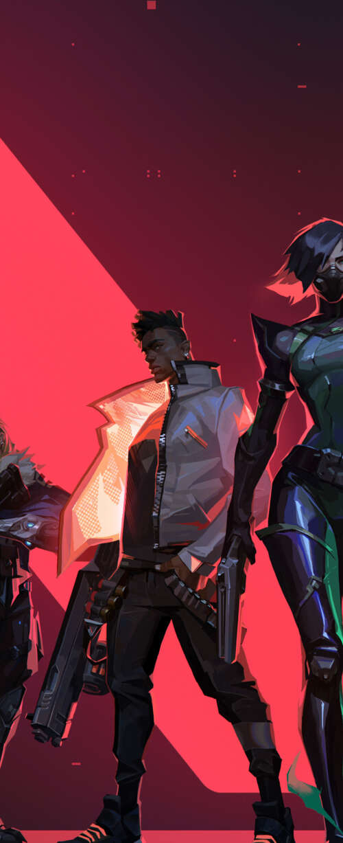 A group portrait of Valorant characters Jett, Viper, Phoenix, Sova, and Cypher. Phone wallpapers for android