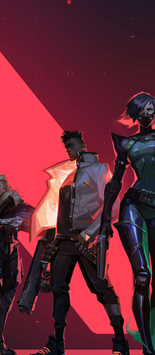Un ritratto di gruppo dei personaggi di Valorant: Jett, Viper, Phoenix, Sova e Cypher.
