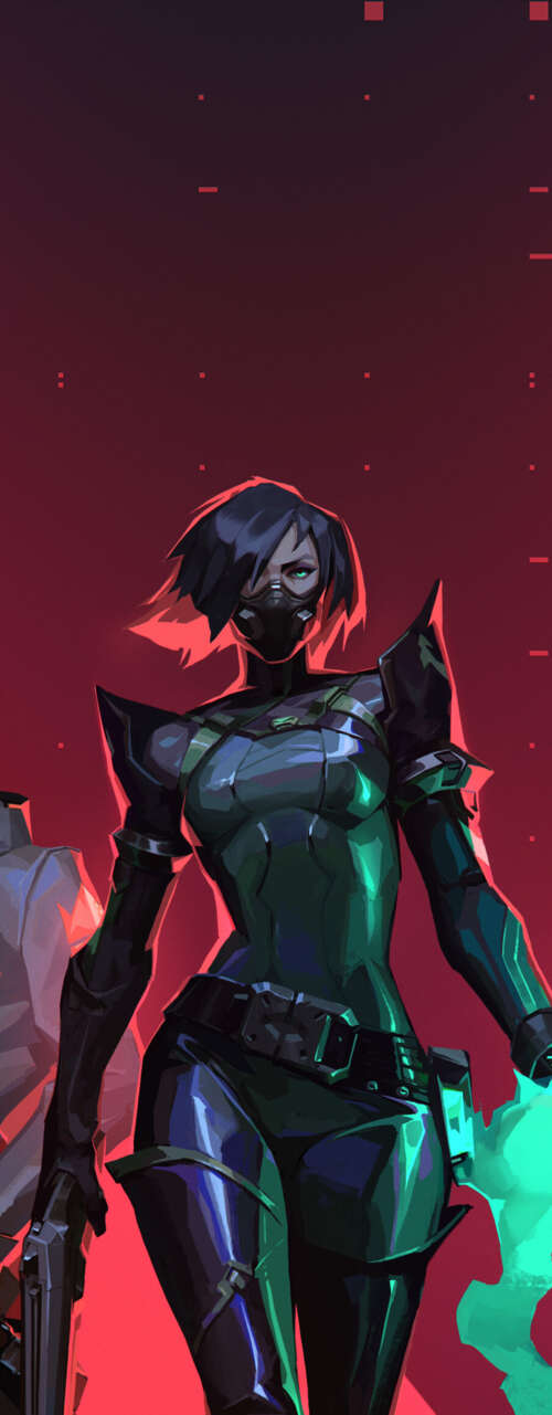 A cinematic group portrait of Valorant characters Jett, Phoenix, Viper, Sova, and... Phone
