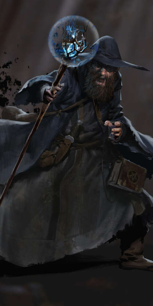 A dark fantasy wizard holding a magical staff in a dim dungeon setting, representing... wallpaper