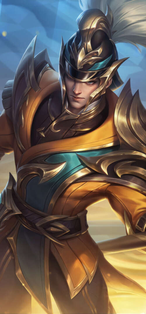 Xin Zhao from League of Legends holding his lance in a battle stance. download free phone wallpaper