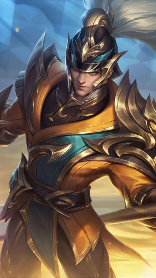 Xin Zhao from League of Legends holding his lance in a battle stance. lava Play Max free background
