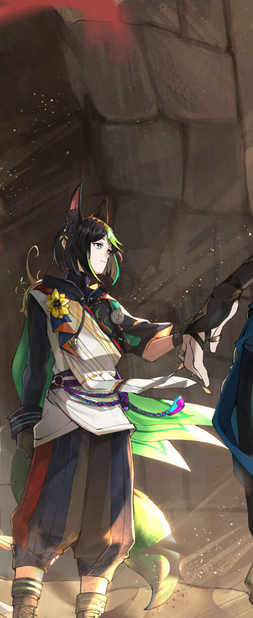 A high-quality depiction of Alhaitham and Tighnari from Genshin Impact. hd background