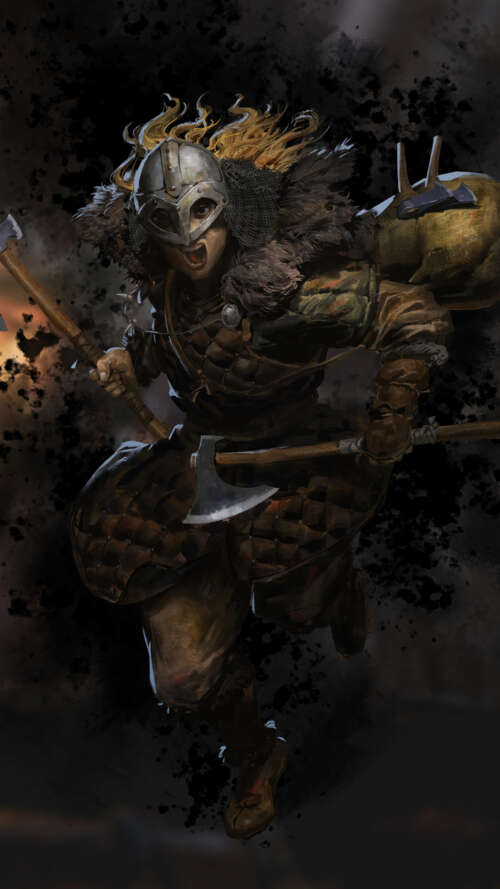 A battle-hardened Barbarian from Dark and Darker wearing heavy, weathered armor in... lava Play Max download free phone wallpaper