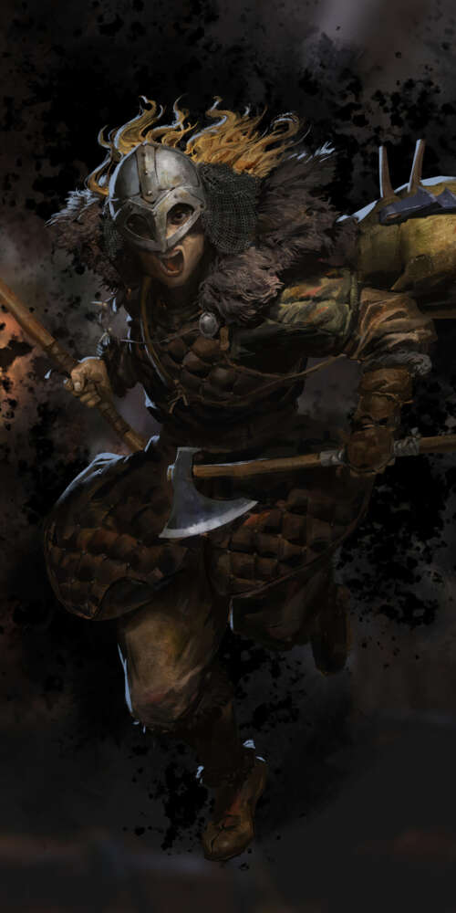 A battle-hardened Barbarian from Dark and Darker wearing heavy, weathered armor in... Doogee Fire 3 Max hand phone wallpaper