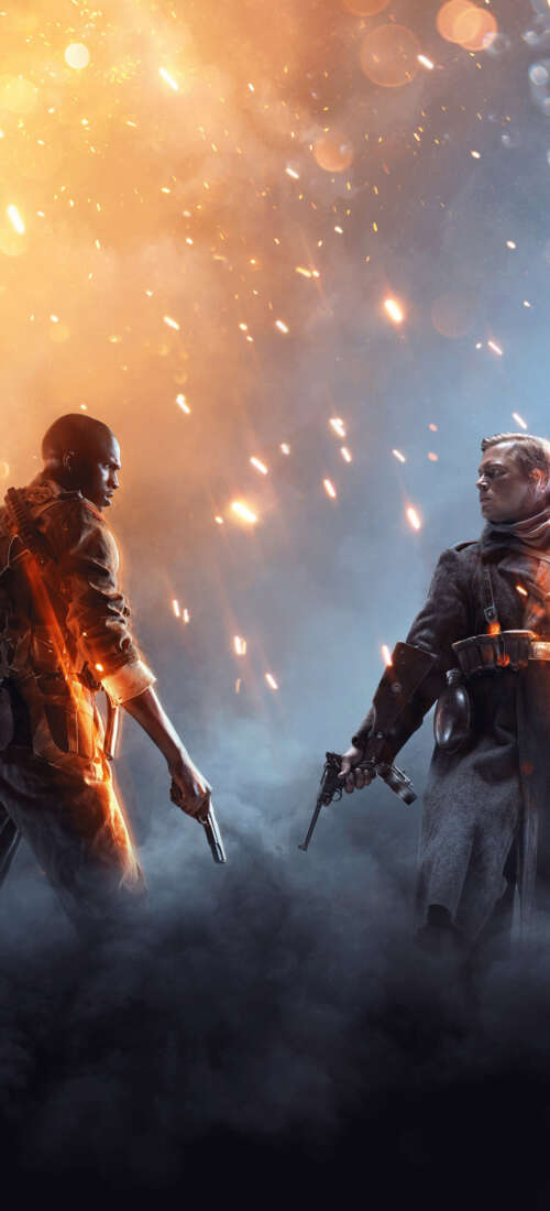 A soldier from the Battlefield 1 video game standing amidst a war-torn battlefield. Honor X9d wallpaper