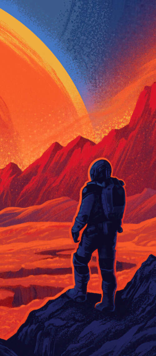 A detailed astronaut in a high-tech spacesuit looking out at a colorful swirling...