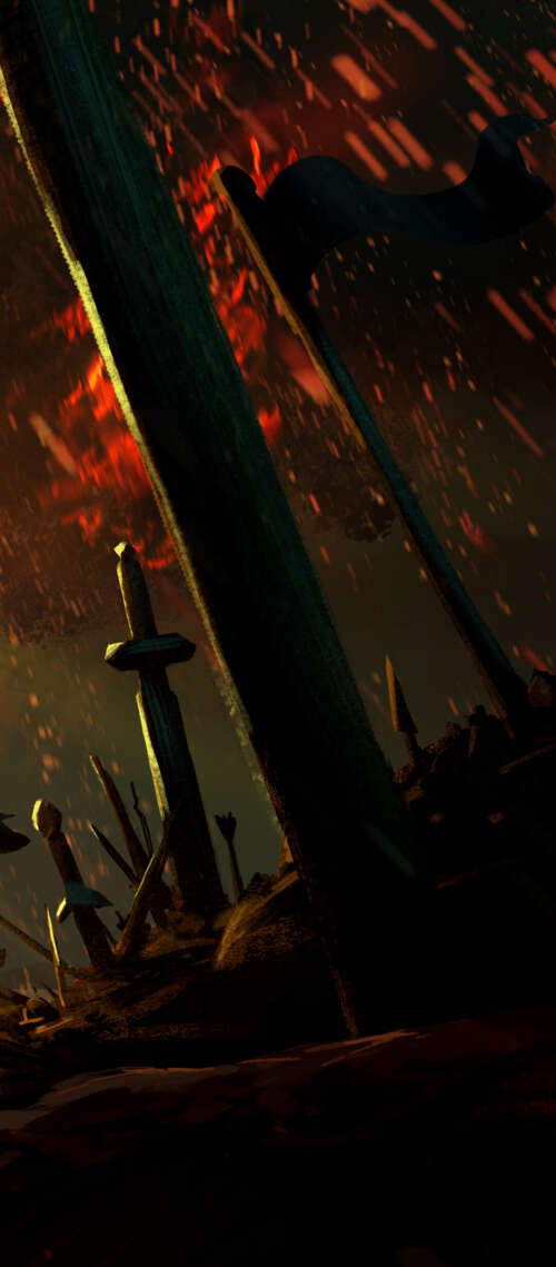 A powerful warrior made of burning wood and embers wielding a flaming sword in a... free wallpaper