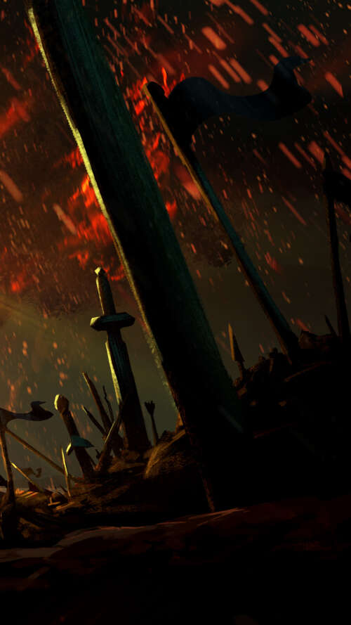 A battle-worn warrior wielding a flaming sword in the middle of a burning forest. high definition wallpaper