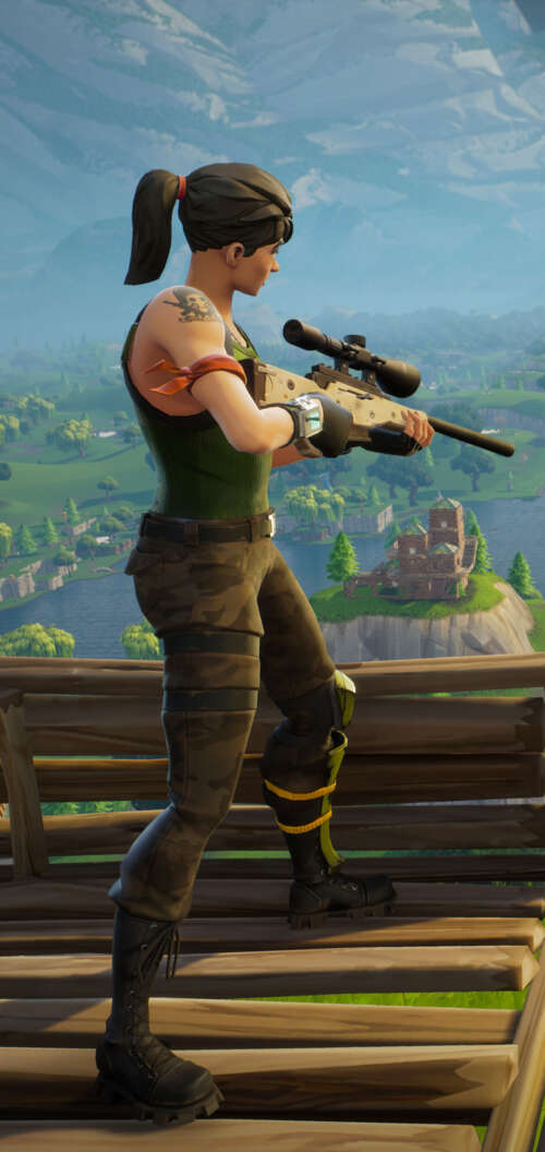 A colorful and stylized warrior character in the Fortnite battle royale art style. TCL K70