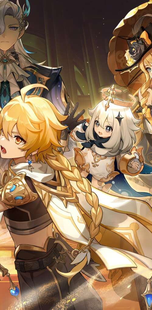 Un gruppo di personaggi del gioco Genshin Impact: Neuvillette, Furina, Lyney e Lynette. Huawei Mate 30 Pro