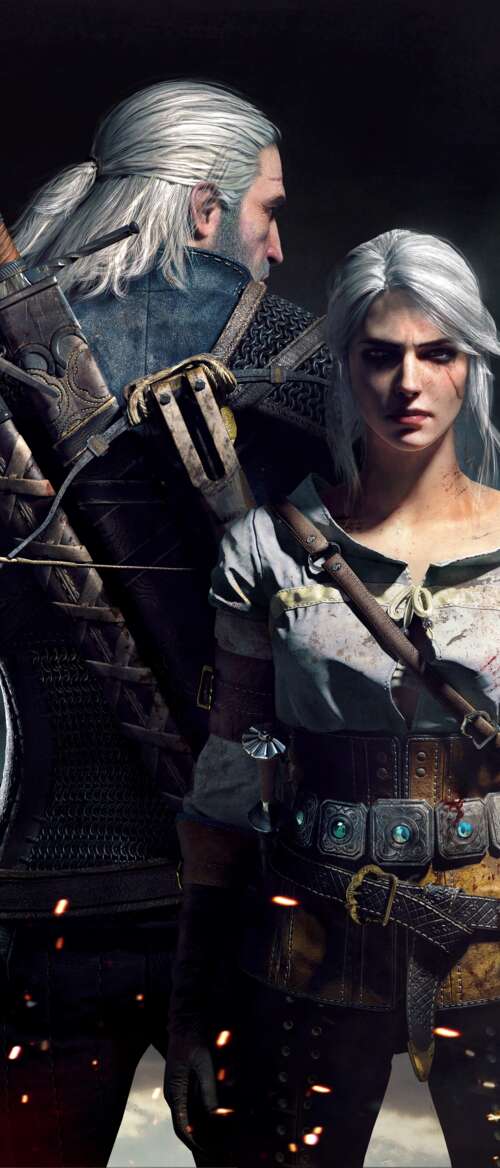 Geralt di Rivia e Ciri, personaggi del videogioco The Witcher 3: Wild Hunt. Samsung Galaxy Z Flip7