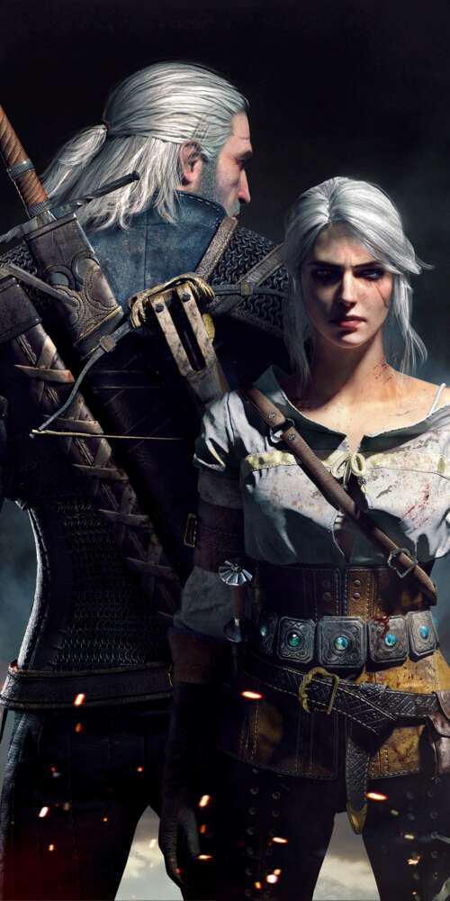 Geralt di Rivia e Ciri, personaggi del videogioco The Witcher 3: Wild Hunt. Doogee Fire 3 Ultra