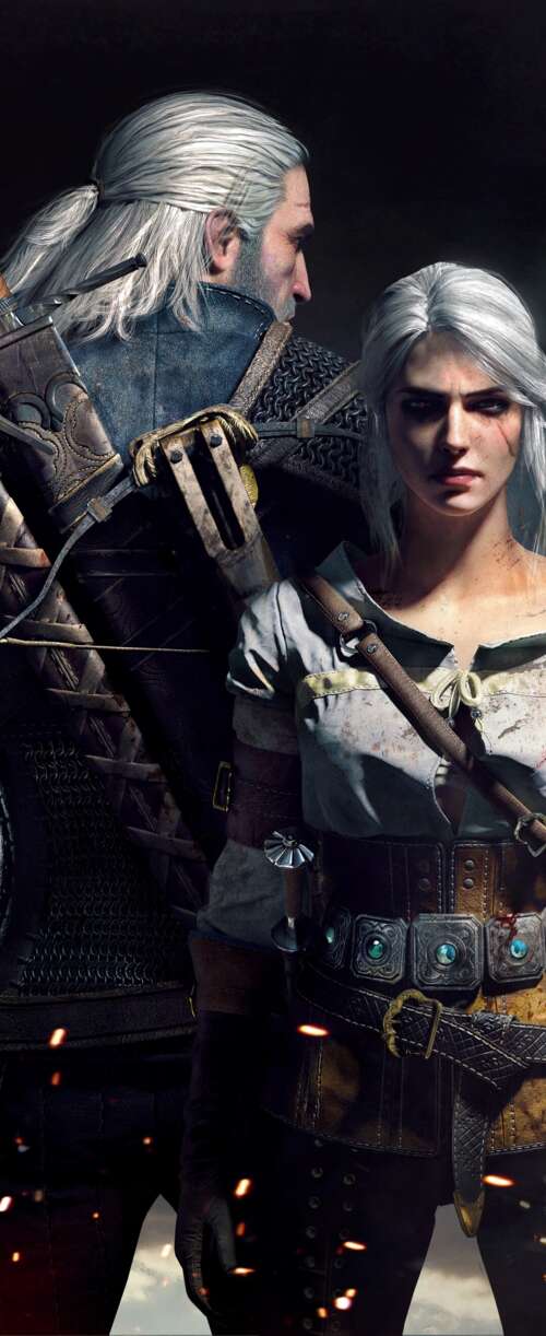 Geralt di Rivia e Ciri, personaggi del videogioco The Witcher 3: Wild Hunt. Samsung Galaxy Z Flip7 FE