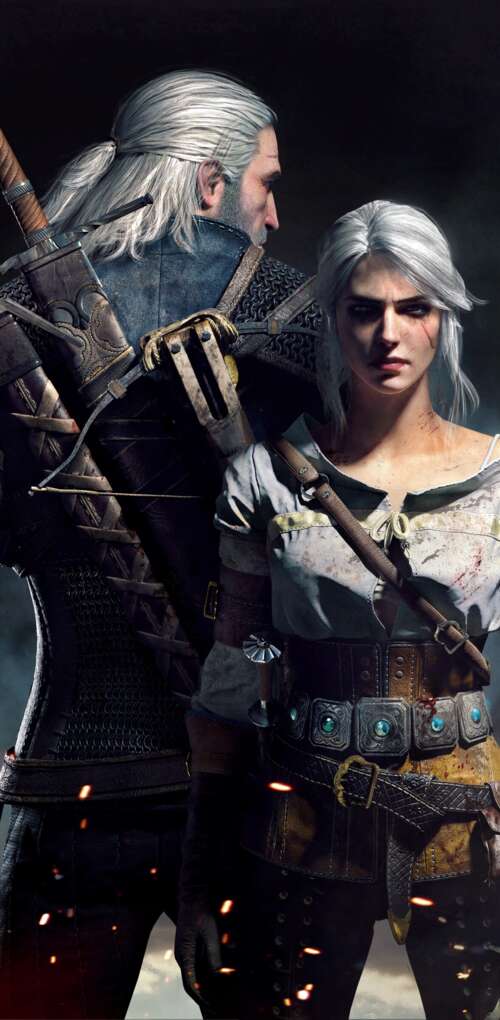 Geralt di Rivia e Ciri, personaggi del videogioco The Witcher 3: Wild Hunt. Huawei Mate 30 Pro