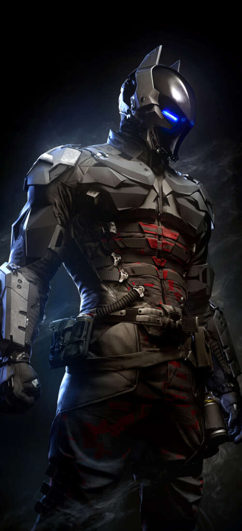 A close-up portrait of Jason Todd from Batman: Arkham Knight featuring glowing blue... realme neo7 Turbo hand phone wallpaper