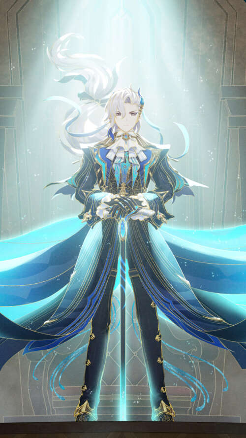 A high-quality portrait of Neuvillette from Genshin Impact, featuring his signature... lava Play Max free hd wallpapers
