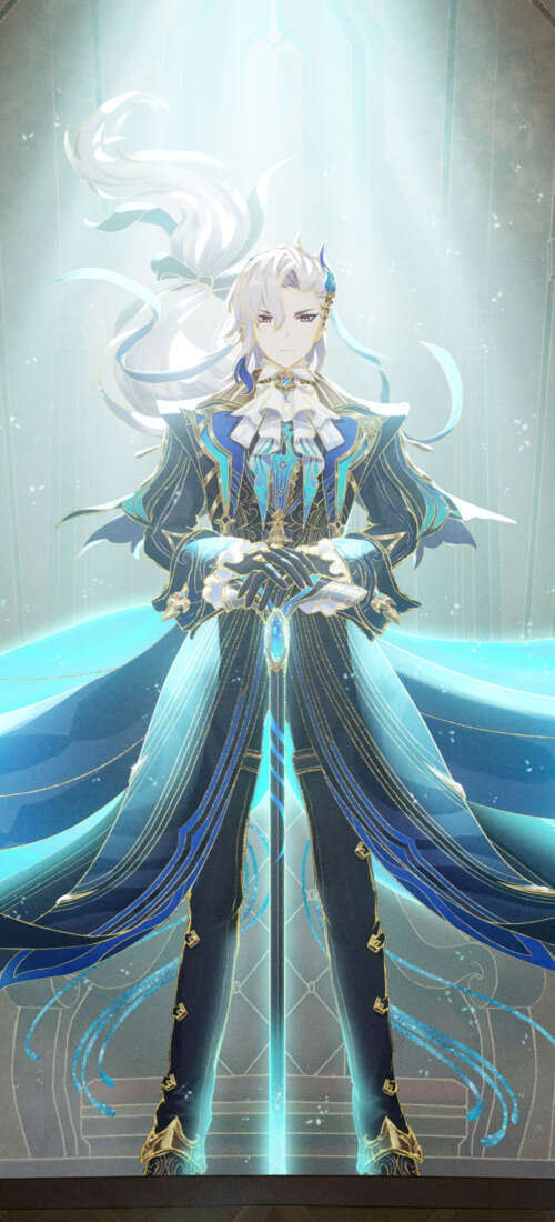 A high-quality portrait of Neuvillette from Genshin Impact, featuring his signature... Honor X9d lock screen wallpaper