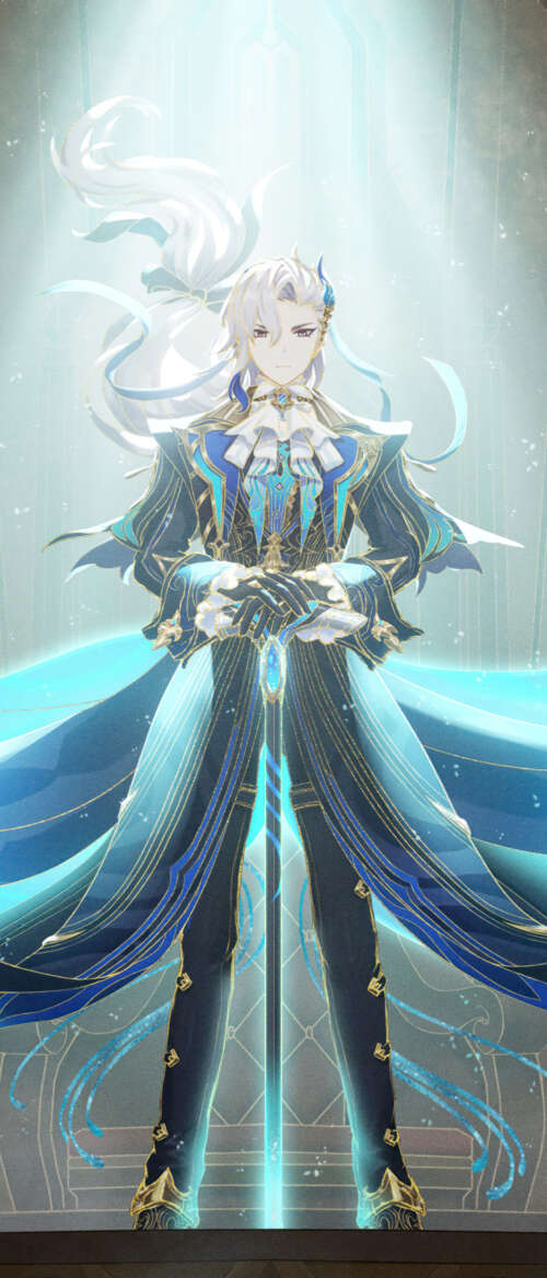 A high-quality portrait of Neuvillette from Genshin Impact, featuring his signature... Samsung Galaxy Z Flip7 download free wallpaper for phone