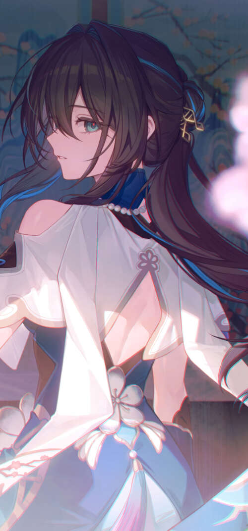 A graceful portrait of Ruan Mei from Honkai: Star Rail, featuring her intricate design... Samsung Galaxy S26 Ultra wallpaper