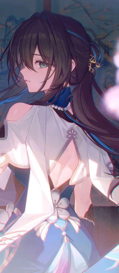 A graceful portrait of Ruan Mei from Honkai: Star Rail, featuring her intricate design... Ulefone Armor 30 free background
