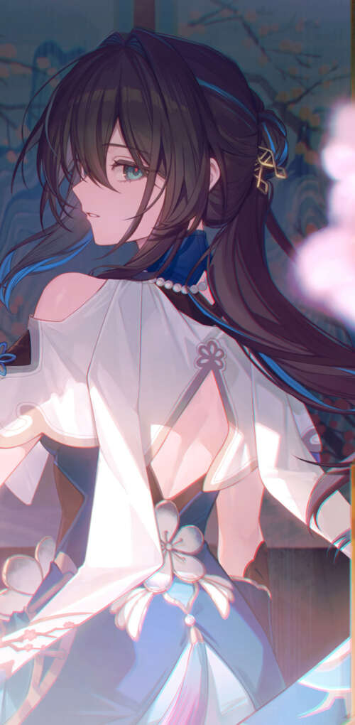 A graceful portrait of Ruan Mei from Honkai: Star Rail, featuring her intricate design... Huawei Mate 30 Pro high definition wallpaper