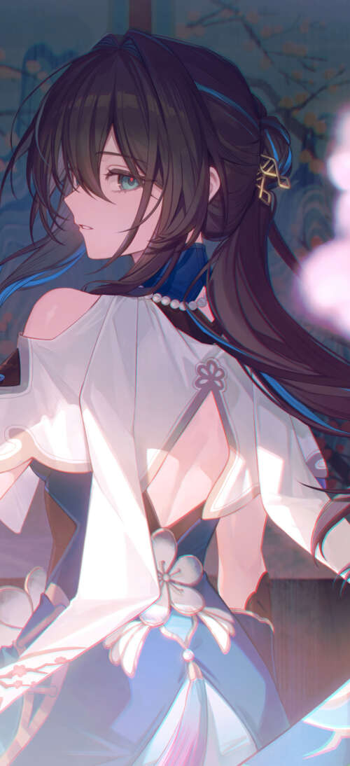 A graceful portrait of Ruan Mei from Honkai: Star Rail, featuring her intricate design... realme neo7 Turbo download free wallpaper for phone