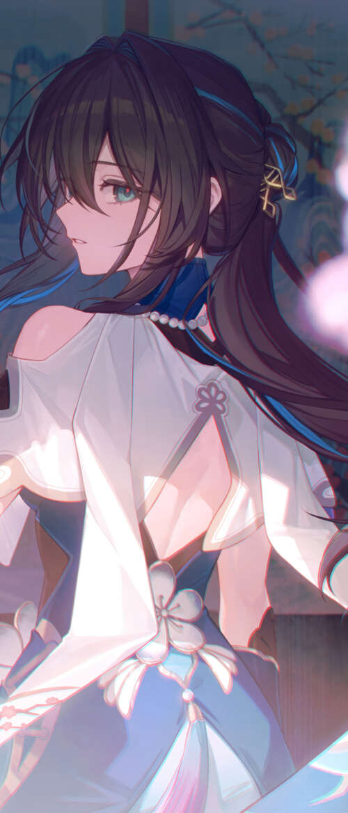 A graceful portrait of Ruan Mei from Honkai: Star Rail, featuring her intricate design... Samsung Galaxy Z Flip7 lock screen wallpaper