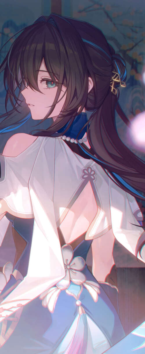 A graceful portrait of Ruan Mei from Honkai: Star Rail, featuring her intricate design... Meizu Note 16 free background