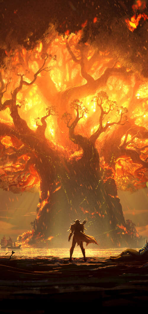 A fiery tree-like warrior wielding a glowing, burning sword amidst a scorched forest. wallpaper