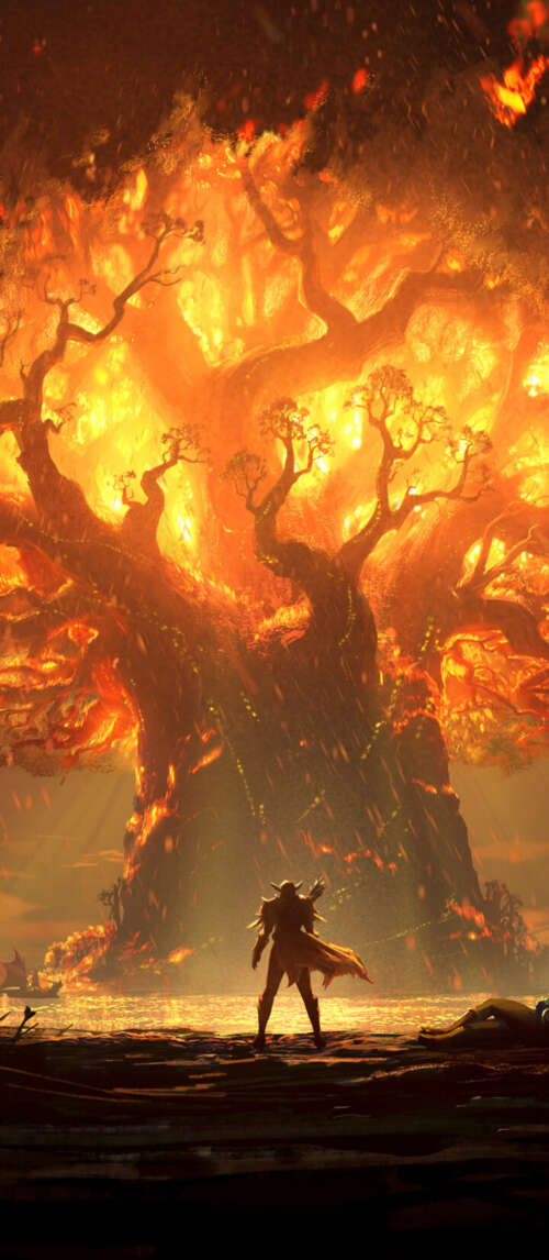 A powerful warrior wielding a flaming sword in the middle of a burning forest, inspired... free wallpaper
