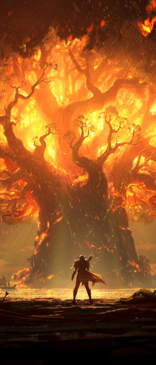 A powerful warrior wielding a flaming sword standing next to a burning ancient tree... Samsung Galaxy Z Flip7 wallpaper download