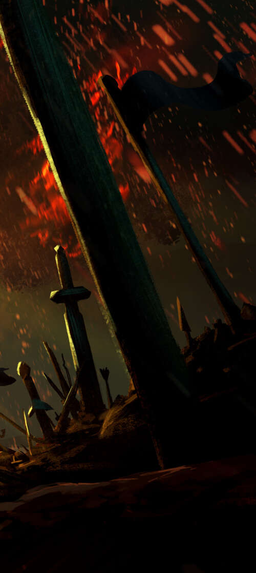 A powerful warrior wielding a flaming sword standing next to a burning ancient tree... Oukitel WP58 Pro lock screen wallpaper