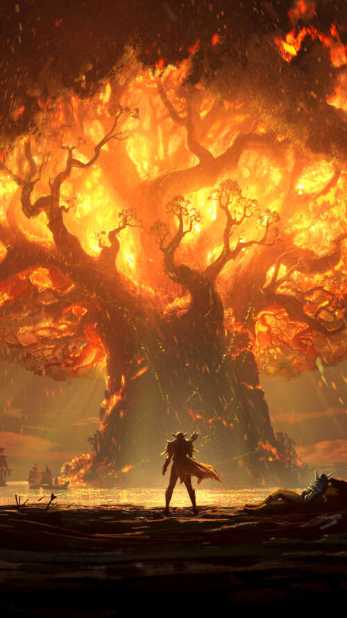A powerful warrior wielding a flaming sword standing next to a burning ancient tree... lava Play Max background images hd