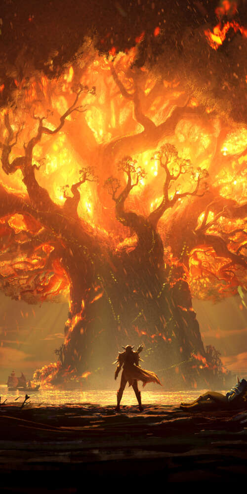 A powerful warrior wielding a flaming sword standing next to a burning ancient tree... Doogee Fire 3 Max free background images