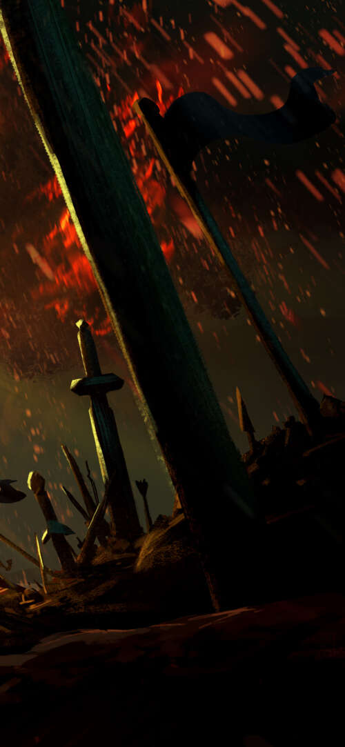 A powerful warrior wielding a flaming sword standing next to a burning ancient tree... Apple iPhone 17 free wallpaper