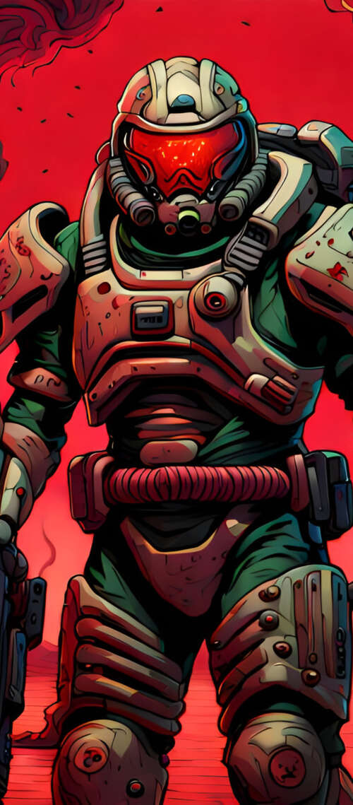Doomguy from the Doom video game series standing amidst a dark, hellish landscape. wallpaper
