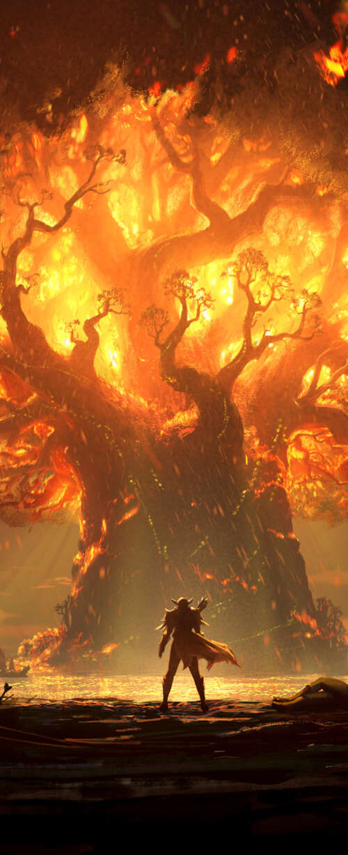 A warrior wielding a flaming sword amidst burning trees and flying embers, inspired... free hd wallpapers