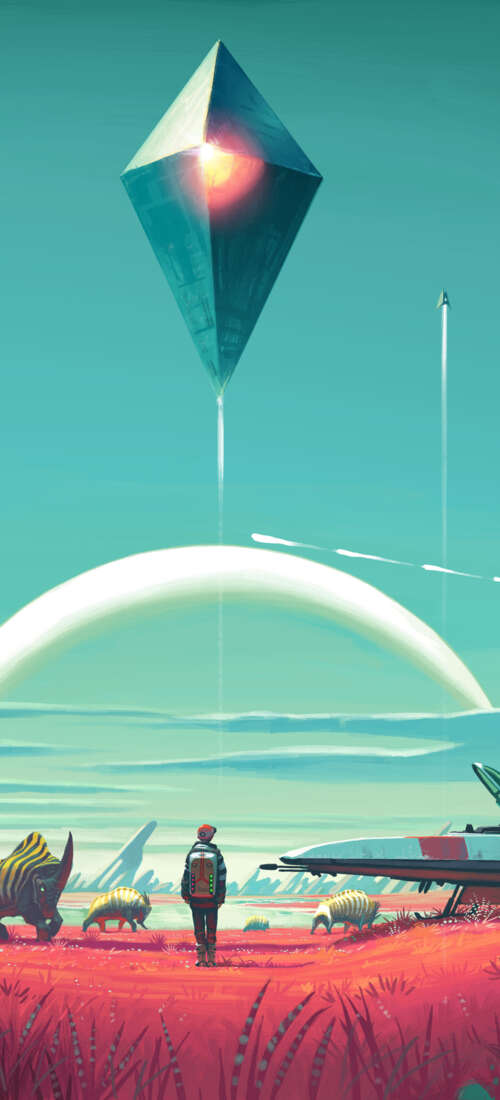 The Traveler overlooking a colorful, procedurally generated alien planet in No Man's... Honor X9d hand phone wallpaper