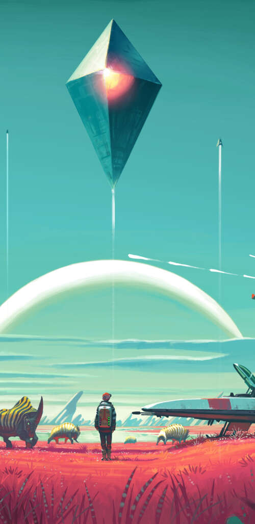 A character known as the Traveler from No Man's Sky overlooking a colorful alien... free wallpaper