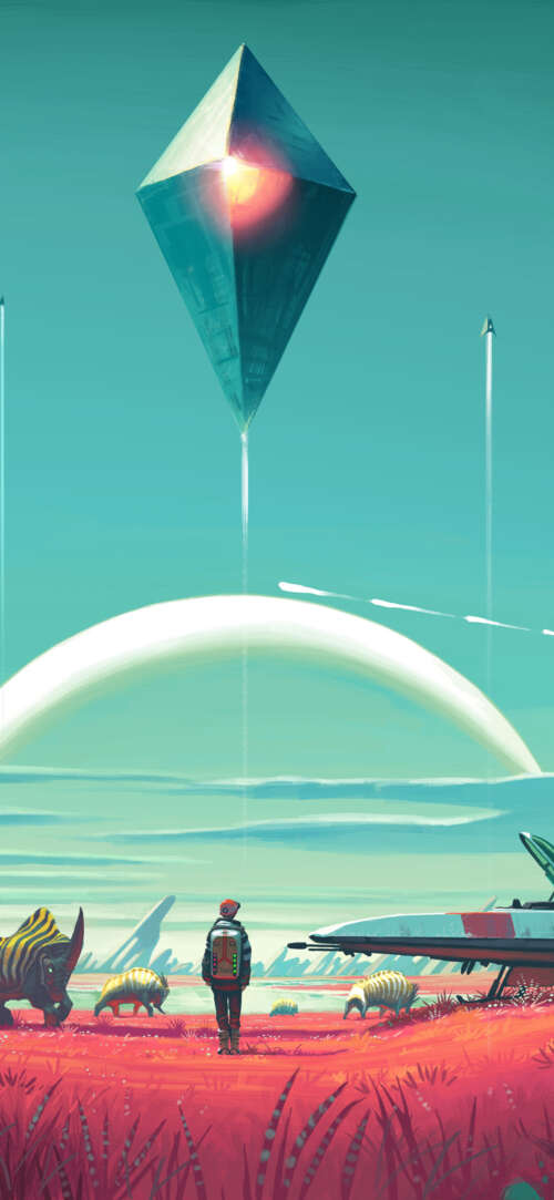 A space traveler in an Exosuit overlooking a colorful and surreal alien planetary... Apple iPhone 16e free background