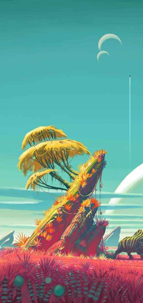 A space explorer in a detailed sci-fi suit surveying a colorful alien planet surface... Oppo A6c hd background