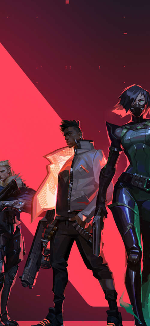 A powerful ensemble of Valorant characters Jett, Viper, Phoenix, Sova, and Cypher... Apple iPhone 16e free hd wallpapers