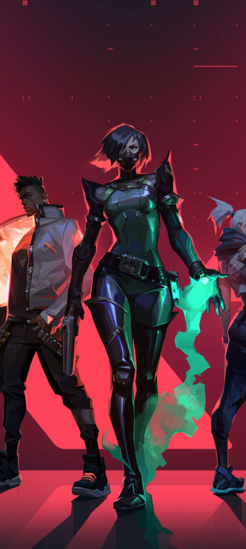 A group portrait featuring Valorant characters Cypher, Jett, Viper, Phoenix, and... Doogee Fire 7 wallpaper