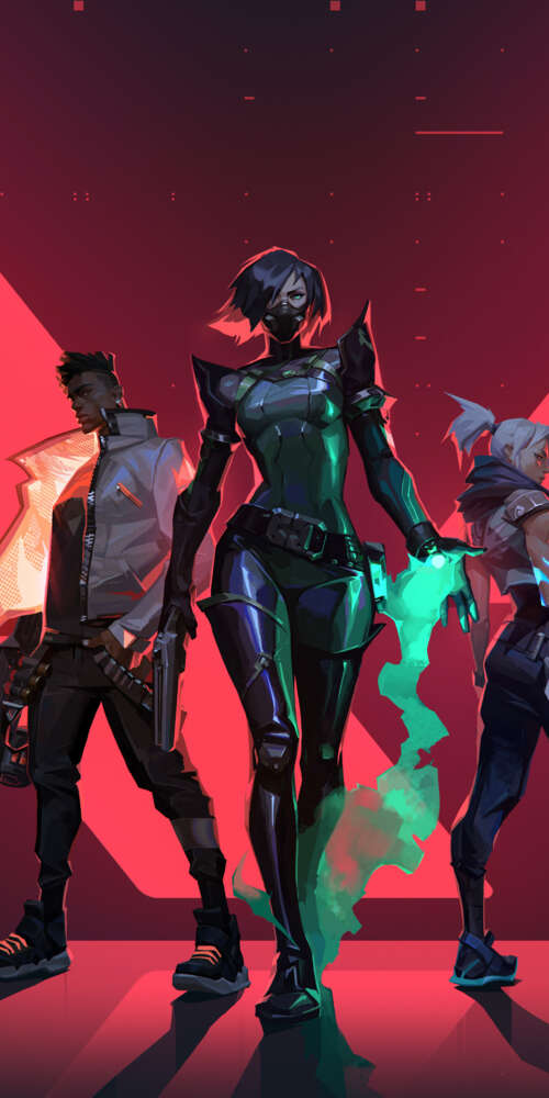 Un gruppo di agenti di Valorant, tra cui Jett, Cypher, Viper, Phoenix e Sova, che...