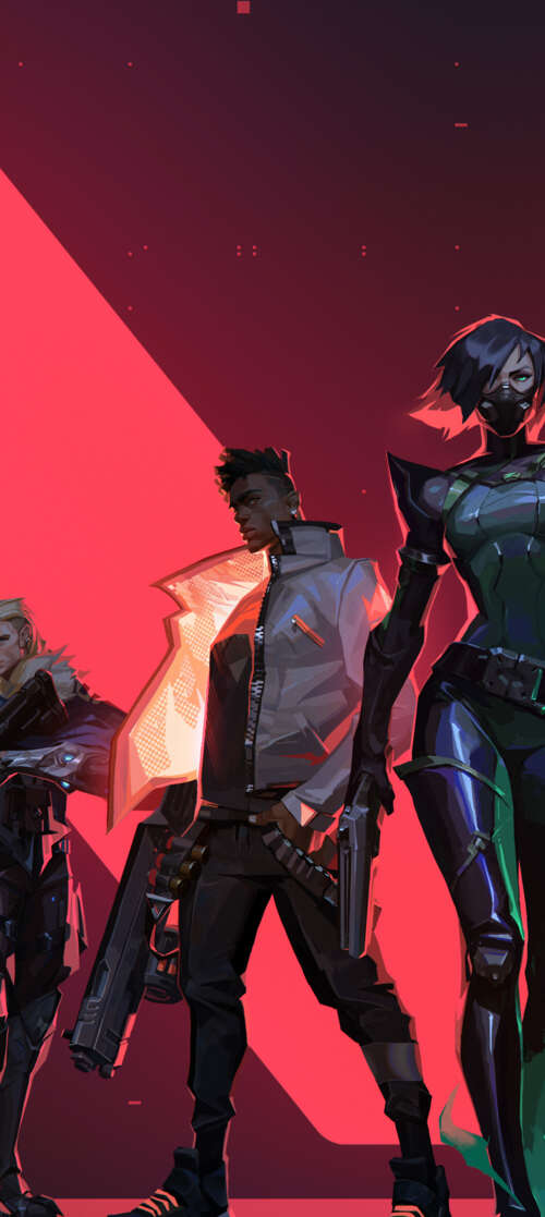 A group of Valorant characters including Jett, Cypher, Viper, Phoenix, and Sova. hand phone wallpaper