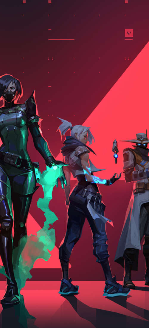 A dynamic group portrait featuring Valorant characters Jett, Phoenix, Viper, Sova,... Honor Magic V6 free wallpaper