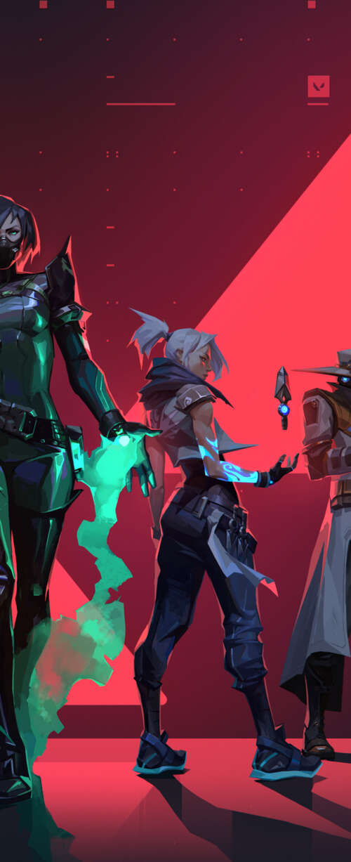 A group portrait of Valorant characters Jett, Phoenix, Viper, Sova, and Cypher. Phone download free phone wallpaper