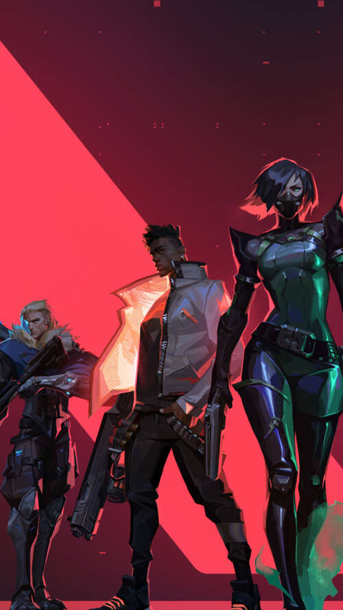 A cinematic group shot of Valorant characters Jett, Viper, Phoenix, Sova, and Cypher. download free wallpaper for phone