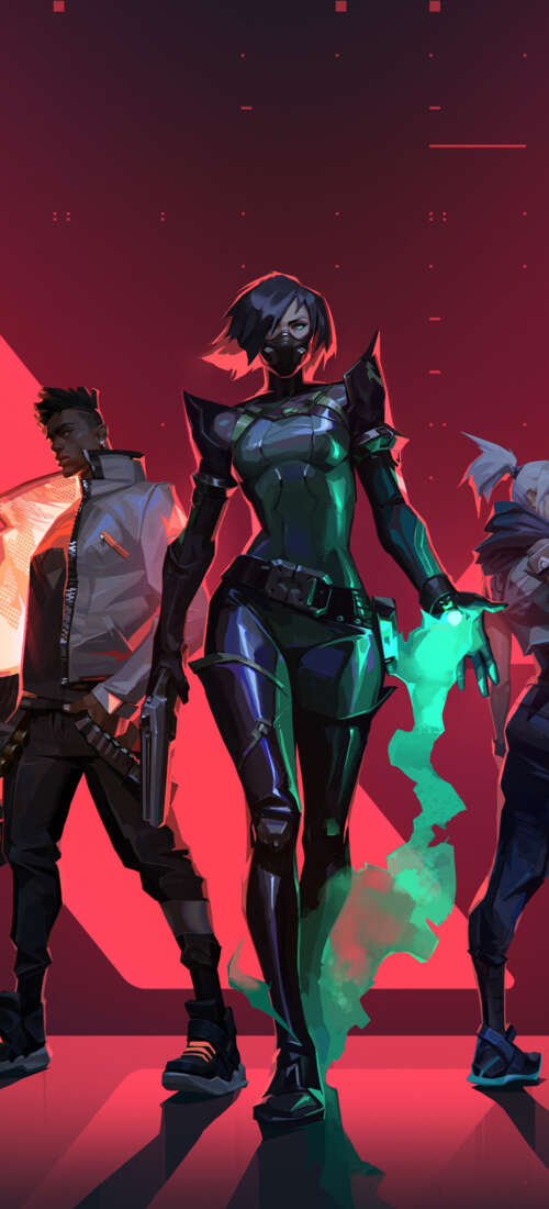 A group of Valorant characters including Jett, Phoenix, Viper, Sova, and Cypher. Honor X9d cell phone backgrounds free